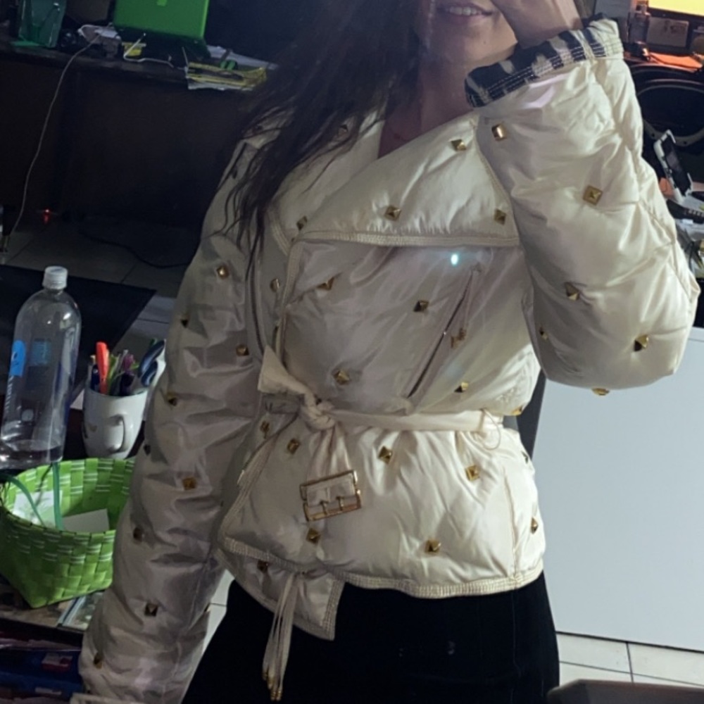 RARE ROBERTO CAVALLI VINTAGE IVORY GOLD STUDDED PUFFER JACKET SIZE L - Picture 2 of 12
